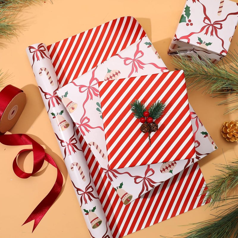 LaRibbons Reversible Foil Christmas Wrapping Paper, Metallic Red Foil Bows with Holly & Stockings Design, Retro Holiday Gift Wrap for Xmas Presents & Decoration, 17 Inch × 33 Feet - Image 2